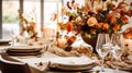 Autumn holiday tablescape, formal dinner table setting, table scape with elegant autumnal floral decor for wedding party and event