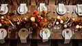 Autumn holiday tablescape, formal dinner table setting, table scape with elegant autumnal floral decor for wedding party and event