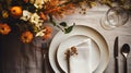 Autumn holiday tablescape, formal dinner table setting, table scape with elegant autumnal floral decor for wedding party and event