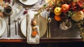 Autumn holiday tablescape, formal dinner table setting, table scape with elegant autumnal floral decor for wedding party and event