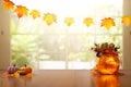 Autumn home decoration. Pumpkin lantern