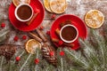 Autumn horizontal banner with yellow, red leaves, pumpkins, cup of coffee and guelder rose on brown wooden background. Concept for Royalty Free Stock Photo