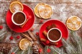 Autumn horizontal banner with yellow, red leaves, pumpkins, cup of coffee and guelder rose on brown wooden background. Concept for Royalty Free Stock Photo