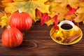 Autumn horizontal banner with yellow, red leaves, pumpkins, cup of coffee and guelder rose on brown wooden background. Royalty Free Stock Photo