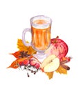 Autumn hot drink in glass with berries, apples and spices in autumn leaves. Watercolor for teatime Royalty Free Stock Photo
