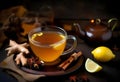 Autumn hot tea with ginger, lemon, honey and spices at dark rusty table Royalty Free Stock Photo