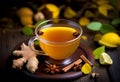 Autumn hot tea with ginger, lemon, honey and spices at dark rusty table Royalty Free Stock Photo