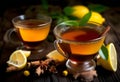 Autumn hot tea with ginger, lemon, honey and spices at dark rusty table Royalty Free Stock Photo