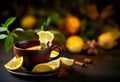 Autumn hot tea with ginger, lemon, honey and spices at dark rusty table Royalty Free Stock Photo