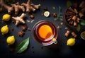Autumn hot tea with ginger, lemon, honey and spices at dark rusty table Royalty Free Stock Photo
