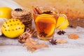 Autumn hot tea with lemon in glass cup. Royalty Free Stock Photo