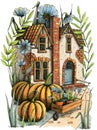 Autumn house with pumpkins, flowers, leaves and wheelbarrow.