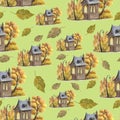 An autumn houses and leaves pattern. Royalty Free Stock Photo