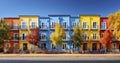 Autumn Hues. Vivid Condominiums with Balconies and Colorful Stucco. Generative AI