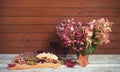 Autumn hydrangea flowers, two glasses of red wine, figs, cheese, grape, bread and black olives on aged wooden table Royalty Free Stock Photo