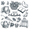 Autumn hygge design elements collection. Vector sketch illustration and hand drawn calligraphy lettering Royalty Free Stock Photo