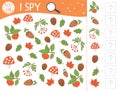 Autumn I spy game for kids. Searching and counting activity for preschool children with cute fall season plants. Funny printable