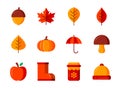 Autumn icon set with flat color style. Symbols for website, magazine, app and design