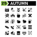 Autumn icon set include calendar autumn fall event date windmill building housekeeping broom shovel spade pine nature cone grain