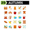 Autumn icon set include calendar autumn fall event date windmill building housekeeping broom shovel spade pine nature cone grain