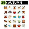 Autumn icon set include calendar autumn fall event date windmill building housekeeping broom shovel spade pine nature cone grain