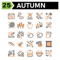 Autumn icon set include calendar autumn fall event date windmill building housekeeping broom shovel spade pine nature cone grain