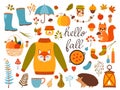 Autumn icons set - maple leaves, mushrooms, coffee cup, pumpkin pie, candles, hedgehog, squirrel, pumpkin, fruit basket, rubber
