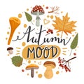 Autumn illustration. Autumn mood. Various types of mushrooms, leafs, branch, rowan and hearts.