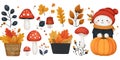Autumn Illustration with Bear, Mushrooms, and Pumpkins Royalty Free Stock Photo