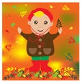 Autumn illustration with cute child with leaf in a hand