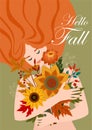 Autumn illustration with a cute girl and a bouquet of flowers. Vector flat design for card, poster, banner. Beautiful template. Royalty Free Stock Photo