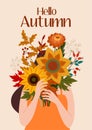 Autumn illustration with a cute girl and a bouquet of flowers. Vector flat design for card, poster, banner. Beautiful template. Royalty Free Stock Photo