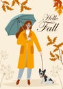 Autumn illustration with a cute girl, an umbrella and a dog. Vector flat design for card, poster, banner. Beautiful template. Royalty Free Stock Photo