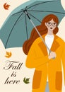 Autumn illustration with a cute girl and umbrella. Vector flat design for card, poster, banner. Beautiful template. Royalty Free Stock Photo