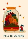 Autumn Illustration With Cute Woman And Dog. Vector Design