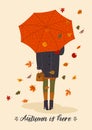 Autumn illustration with cute woman under umbrella. Vector design