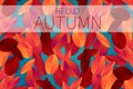 Autumn illustration dsign with red and orange leaves over blue background with faded space for text.