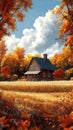 Autumn Illustration with Farmhouse, Field, and Trees Royalty Free Stock Photo