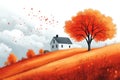 Autumn Illustration with House, Tree, and Falling Leaves Royalty Free Stock Photo