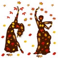 Autumn illustration of oriental dance, two girls silhouette in l Royalty Free Stock Photo
