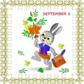 Autumn illustration on September 1 in a frame, a hare goes to sc