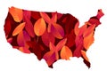 Autumn illustration in a shape of the USA filled with red and orange leaves. United States country fall season.