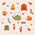Autumn illustration, stickers with homely cute things.