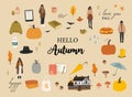 Autumn illustrations set. Cozy cute fall season set. Sweater, book, tea, rain. Fashion girls. Vector