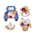 Autumn illustrations. Watercolor blue pick up truck with pumpkins, pumpkin floral arrangements, isolated on white background. Hand Royalty Free Stock Photo