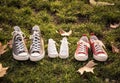 Autumn image of family shoes sneakers gumshoes on grass in sunset light in outdoors family lifestyle