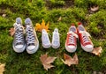 Autumn image of family shoes sneakers gumshoes on grass in sunset light in outdoors family lifestyle