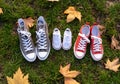 Autumn image of family shoes sneakers gumshoes on grass in sunset light in outdoors family lifestyle