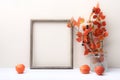 Empty fame, branches with red leaves in vase and dried plants chinese lantern in interior in autumn time. Royalty Free Stock Photo