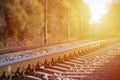 Autumn industrial landscape. Railway receding into the distance among green and yellow autumn tree